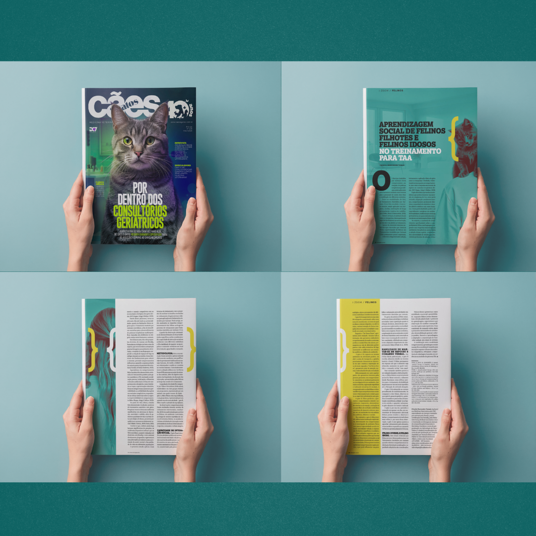 Revista Cães & Gatos aberta na página do artigo sobre aprendizagem social de felinos filhotes e idosos no treinamento para TAA